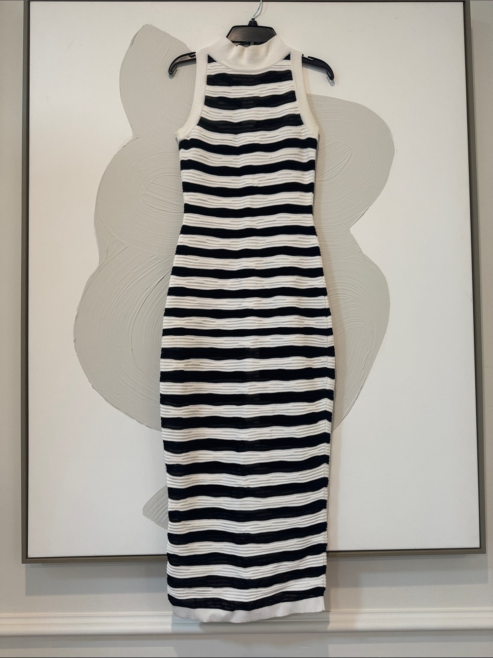 Balmain Black & White Striped Knit Midi Dress - Sleeveless High Neck Size 8